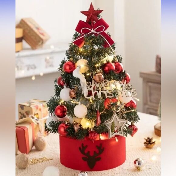 Tabletop Christmas Tree with Deco Kit Red White Ornaments - Picture 1 of 5